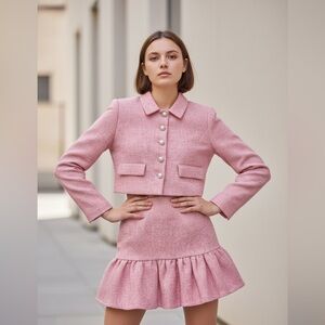 Chic Pink Tweed Skirt Suit